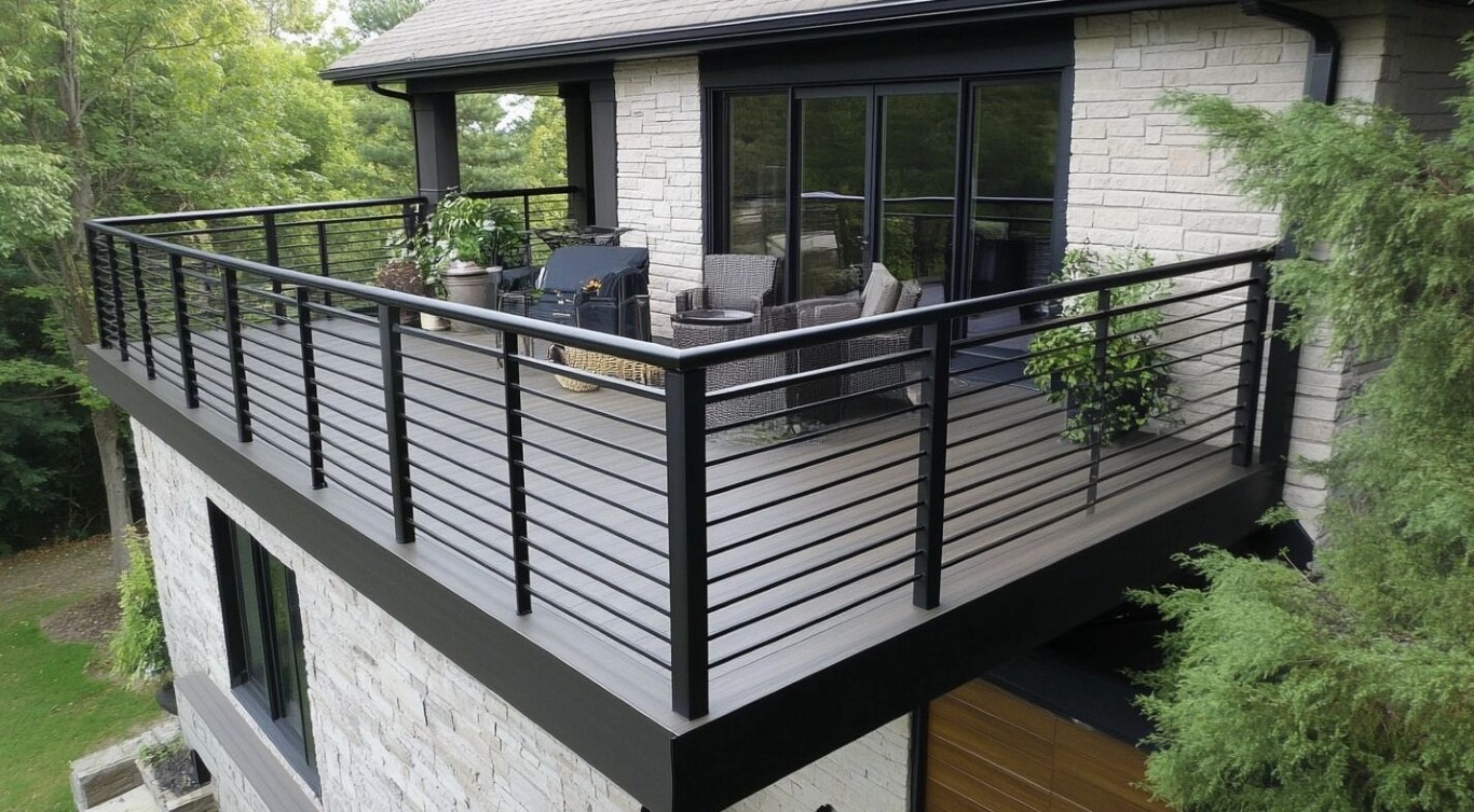 Second story deck with horizontal railings built by professional deck builders in Hemet, CA